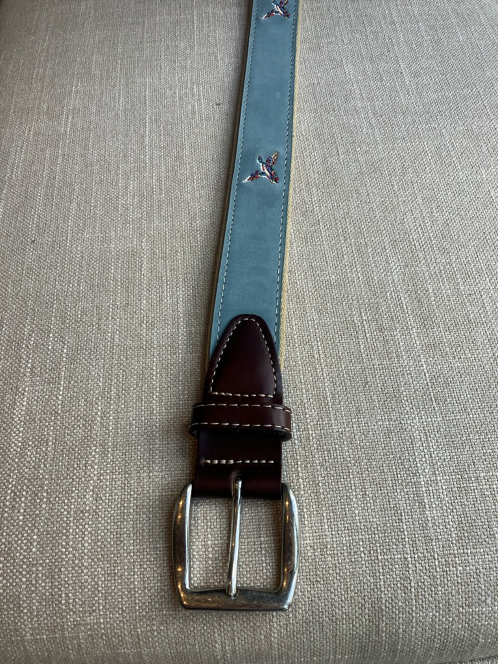 DUCK HEAD Blue Suede Belt w/ Brown Leather Trim Embroidered Ducks Men’s 36 EUC